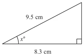 Right-angled triangle with hypotenuse 9.5 cm, adjacent side 8.3 cm and angle x° between them