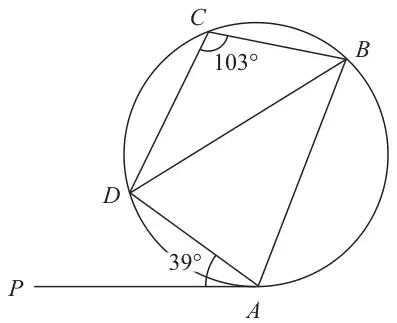 Cyclic quadrilateral ABCD with angle BCD = 103°, diagonal BD, and tangent PA making angle PAD = 39°
