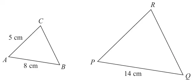Triangle ABC with AB = 8 cm and AC = 5 cm, and a larger similar triangle PQR with PQ = 14 cm