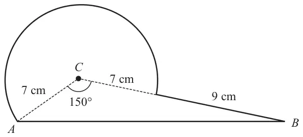 Shape made from triangle ABC and a major sector of a circle centre C, radius 7 cm; CA = 7 cm, angle ACB = 150°, and the 9 cm part of CB lies outside the circle