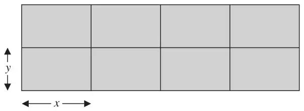 Rectangle divided into 2 rows of 4 equal pens; each pen has length x and width y