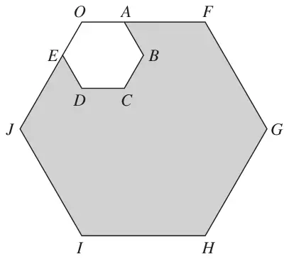 Small regular hexagon OABCDE inside a large regular hexagon OFGHIJ sharing vertex O; the region inside the large hexagon and outside the small one is shaded