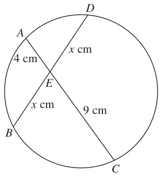 Circle with chords AEC and DEB crossing at E; AE = 4 cm, EC = 9 cm, DE = x cm, EB = x cm