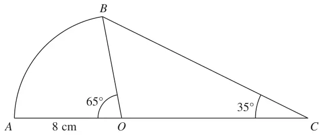 Metal plate made of sector OAB with OA = 8 cm and angle AOB = 65°, joined to triangle OCB with angle OCB = 35°; A, O and C on a straight line
