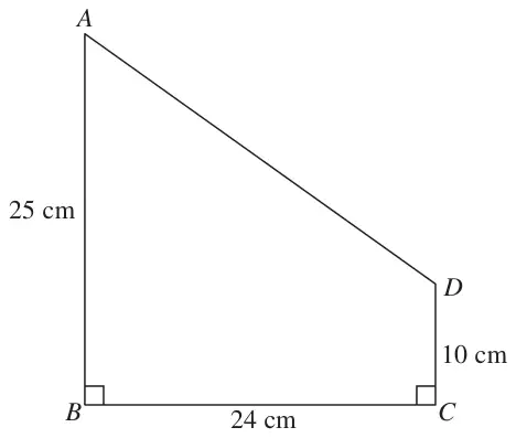 Trapezium ABCD with right angles at B and C; AB = 25 cm, BC = 24 cm, CD = 10 cm