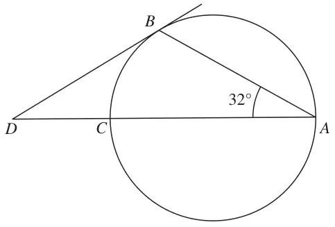 Circle with diameter CA extended to D; DB is a tangent at B; angle BAC = 32 degrees