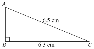 Right-angled triangle ABC with the right angle at B; AC = 6.5 cm and BC = 6.3 cm