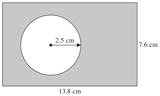 Shaded rectangle 13.8 cm by 7.6 cm with an unshaded circle of radius 2.5 cm inside it
