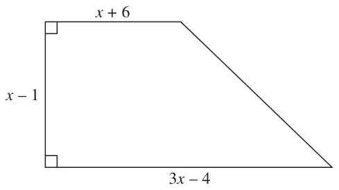 Right-angled trapezium with parallel sides x + 6 and 3x − 4 and height x − 1