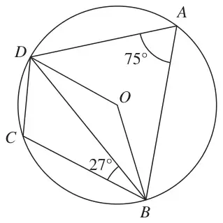 Circle centre O through A, B, C and D, with angle DAB = 75° and angle DBC = 27° marked
