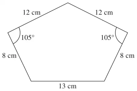 Pentagon with sides 12 cm, 12 cm, 8 cm, 13 cm and 8 cm, with two angles of 105° between the 12 cm and 8 cm sides