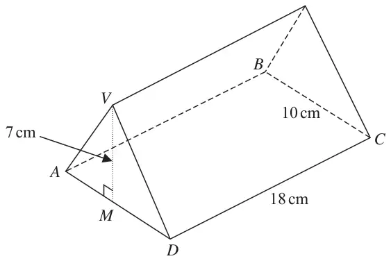 Triangular prism with horizontal rectangular base ABCD, DC = 18 cm, BC = 10 cm, vertex V vertically above M, the midpoint of AD, with MV = 7 cm