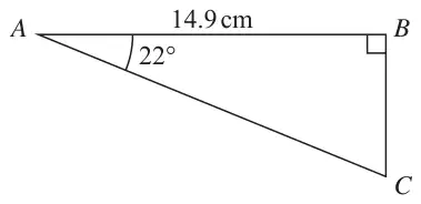 Right-angled triangle ABC with the right angle at B, AB = 14.9 cm and angle BAC = 22 degrees