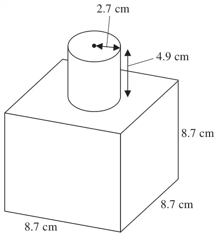 Cube of side 8.7 cm with a cylinder of radius 2.7 cm and height 4.9 cm on top