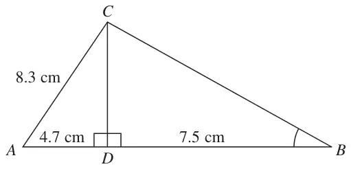 Triangle ABC with D on AB and CD perpendicular to AB; AC = 8.3 cm, AD = 4.7 cm, BD = 7.5 cm