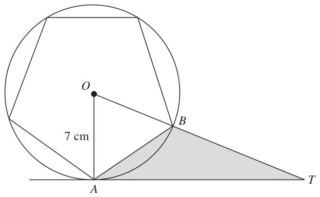 Regular pentagon inside a circle centre O with OA = 7 cm; tangent TA and straight line OBT; triangle ABT shaded