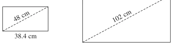 Two similar rectangles: the smaller has diagonal 48 cm and width 38.4 cm, the larger has diagonal 102 cm