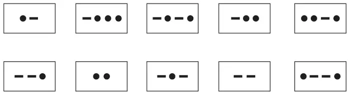 Ten cards with Morse Code: dot dash; dash dot dot dot; dash dot dash dot; dash dot dot; dot dot dash dot; dash dash dot; dot dot; dash dot dash; dash dash; dot dash dash dot