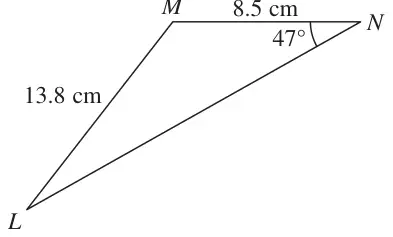 Triangle LMN with ML = 13.8 cm, MN = 8.5 cm and angle MNL = 47°; angle LMN is obtuse