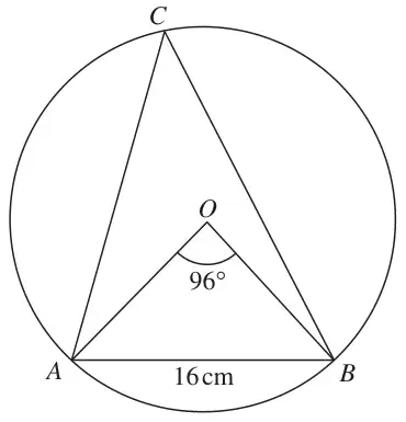 Circle with centre O; A, B and C on the circle; angle AOB = 96 degrees; AB = 16 cm