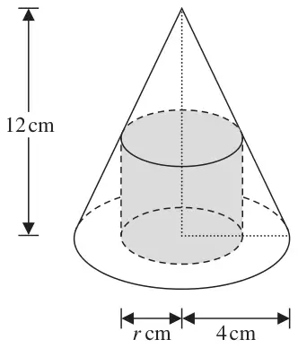 Cylinder of radius r cm inside a cone of height 12 cm and base radius 4 cm