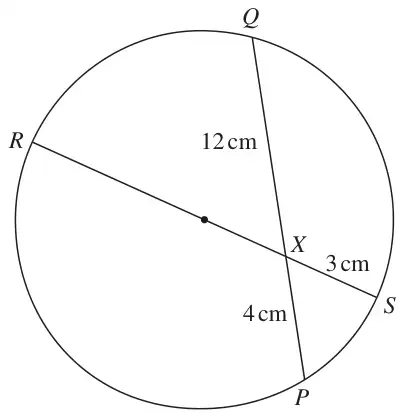 Circle with diameter RXS and chord PXQ meeting at X; XQ = 12 cm, PX = 4 cm, SX = 3 cm