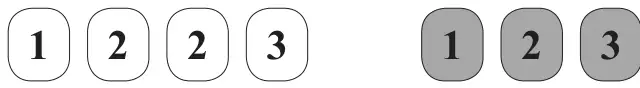 Four white tiles numbered 1, 2, 2, 3 and three grey tiles numbered 1, 2, 3