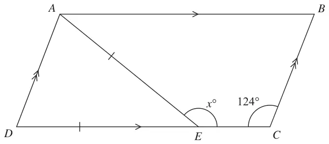 Parallelogram ABCD with E on DC joined to A; AE = DE, angle AEC = x degrees and angle DCB = 124 degrees