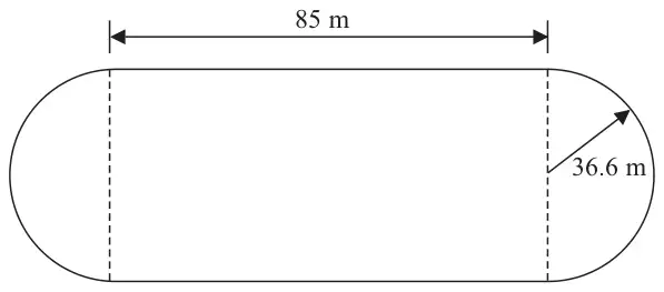 Running track: a rectangle 85 m long with a semicircle of radius 36.6 m at each end