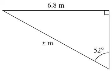Right-angled triangle with horizontal side 6.8 m, hypotenuse x m and angle 52° opposite the 6.8 m side