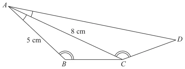 Triangles ABC and ACD sharing side AC; AB = 5 cm, AC = 8 cm; equal angles marked at A, at B and at C