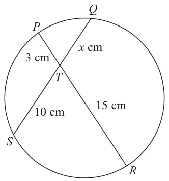 Circle with chords PTR and QTS crossing at T; PT = 3 cm, QT = x cm, ST = 10 cm, RT = 15 cm