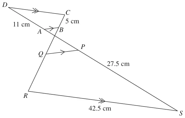 Straight lines DAPS and CBQR; quadrilateral ABCD with AD = 11 cm and BC = 5 cm, quadrilateral PQRS with PS = 27.5 cm and RS = 42.5 cm; AB parallel to QP and DC parallel to RS