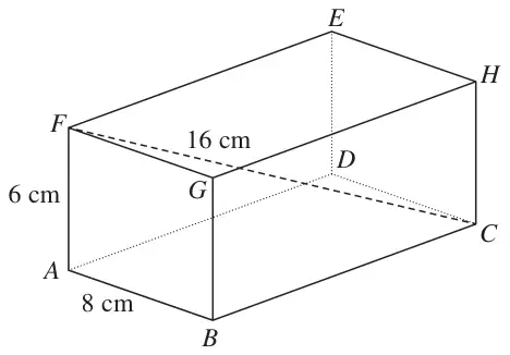Cuboid ABCDEFGH with AB = 8 cm, AF = 6 cm and diagonal FC = 16 cm