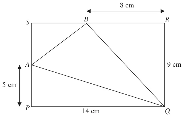 Rectangle PQRS with PQ = 14 cm, QR = 9 cm; A on PS with PA = 5 cm, B on SR with BR = 8 cm; triangle AQB drawn