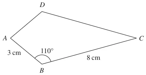 Kite ABCD with AB = 3 cm, BC = 8 cm and angle ABC = 110 degrees