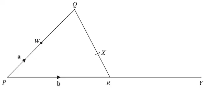 Triangle PQR with W the midpoint of PQ, X on QR, and PRY a straight line; PW = a and PR = b