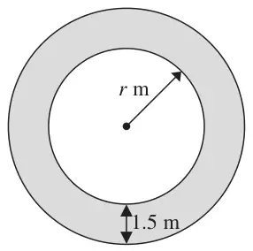 Circular pond of radius r m surrounded by a shaded circular path of width 1.5 m