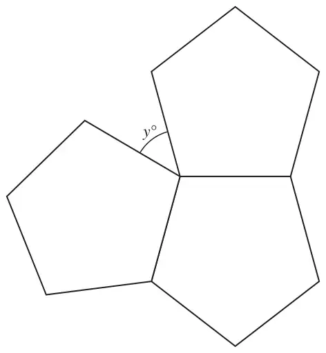 Three identical regular pentagons meeting at a point; the angle y between two of them is marked
