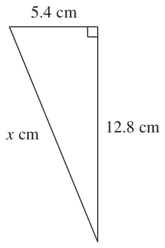 Right-angled triangle with shorter sides 5.4 cm and 12.8 cm and hypotenuse x cm