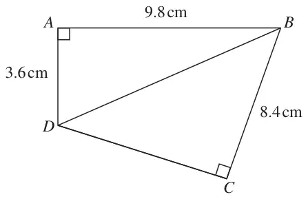 Quadrilateral ABCD with right angles at A and C, AB = 9.8 cm, AD = 3.6 cm and BC = 8.4 cm