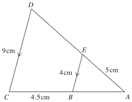 Triangle ACD with E on AD and B on AC, EB parallel to DC; CD = 9 cm, BE = 4 cm, AE = 5 cm, BC = 4.5 cm