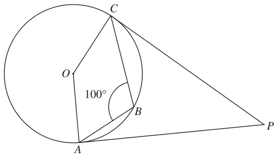 Circle centre O with points A, B and C on the circle, tangents PA and PC, and angle ABC = 100°