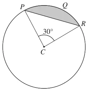 Circle centre C with chord PR, angle PCR = 30° and the segment between chord PR and arc PQR shaded