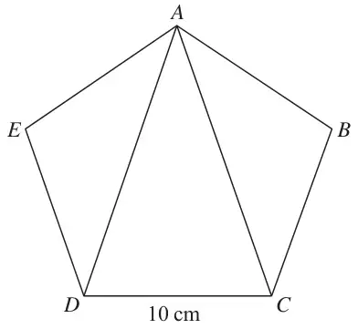 Regular pentagon ABCDE with A at the top, side DC = 10 cm, and triangle ACD drawn inside