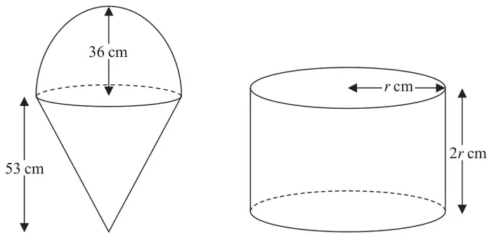 Shape A: a hemisphere of radius 36 cm on top of a cone of height 53 cm. Shape B: a cylinder of radius r cm and height 2r cm