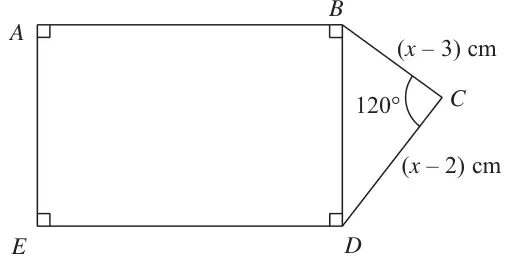 Rectangle ABDE with triangle BCD attached on side BD; BC = (x - 3) cm, CD = (x - 2) cm and angle BCD = 120 degrees