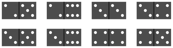 Eight dominoes showing their spots
