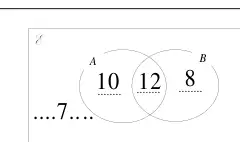 Venn diagram answer: 10 in A only, 12 in the overlap, 8 in B only and 7 outside