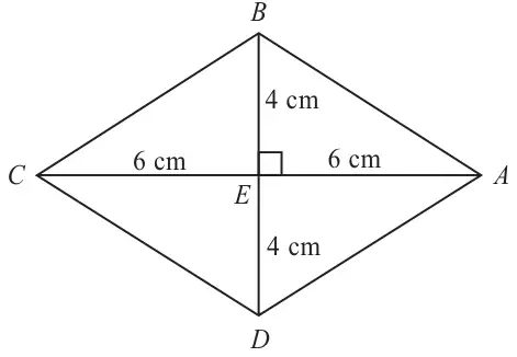 Rhombus ABCD with diagonals crossing at right angles at E; AE = CE = 6 cm and BE = DE = 4 cm